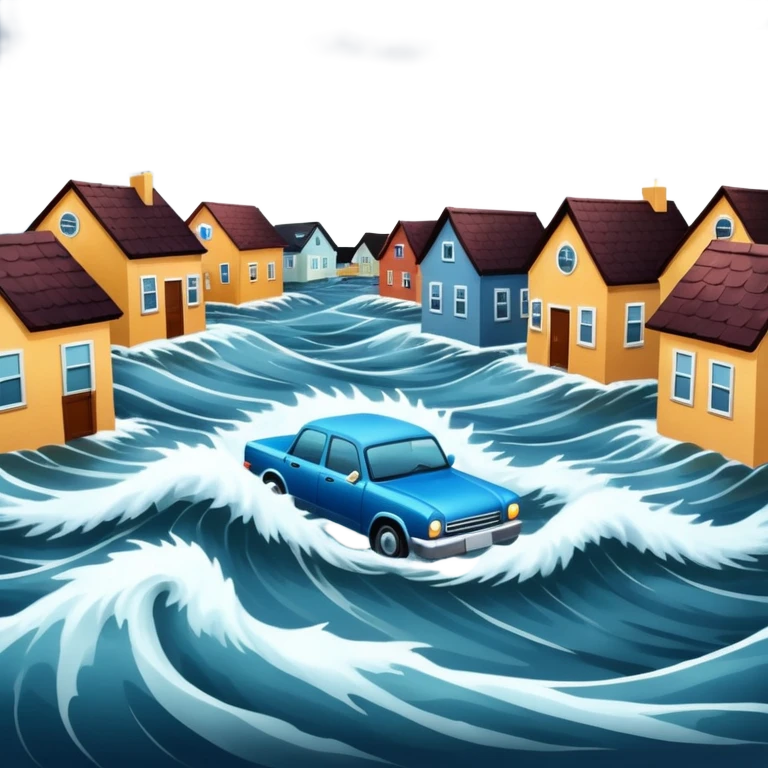 showing a flood disaster scene with strong water waves overflowing streets, partially submerged houses and cars, dark cloudy sky emoji