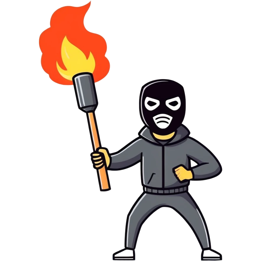 man with a black mask like a thief holding dynamite in his hand, exaggerated expression emoji