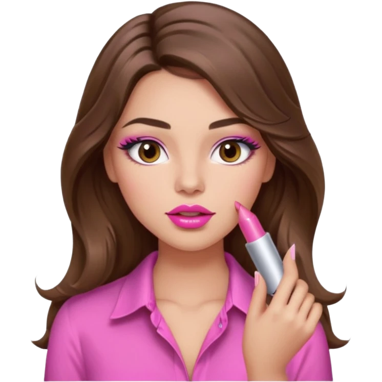 girl with long wavy brown hair, brown eyes, light to medium complexion, in a pink sexy shirt, pink lips, long lashes, puckered lips, putting on lipstick emoji