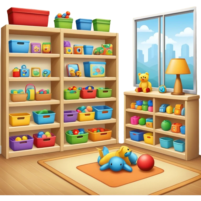 tidy room with toys neatly arranged on shelves, clear and inviting emoji
