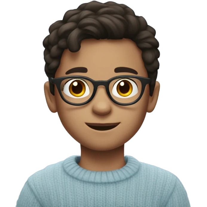 A little boy that is about 10 years old, wearing circular glasses and dark brown hair and a light blue sweater emoji