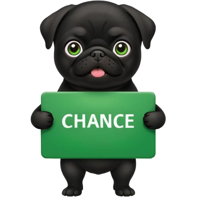 black pug holding a green sign with the text 'Chance' emoji