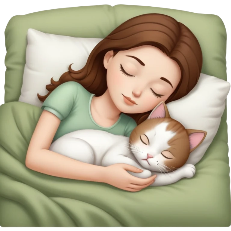 White girl brown hair sleeping with white kitty at pale olive bed emoji