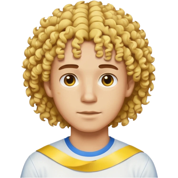 Make me an emoji that has a guy with a white shirt and yellow tape around the shirt with brown and blue spots hair make the hair curly make the yellow tape go around it emoji