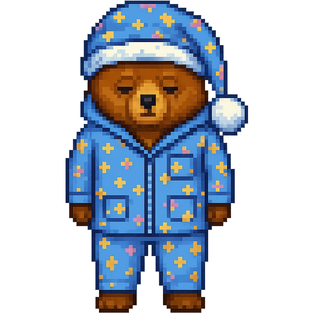 Add a nightcap to the sleepy bear in pajamas in pixel art style. The style should resemble pixel art with clear pixelated details and colors. emoji