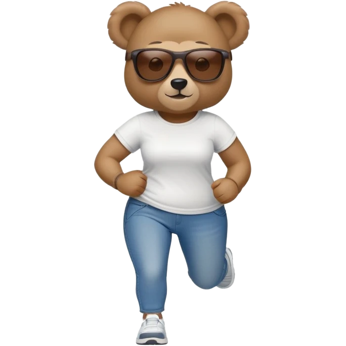 friendly anthropomorphised female bear in jeans and a t-shirt, wearing dark sunglasses, jogging upright in standard pose emoji