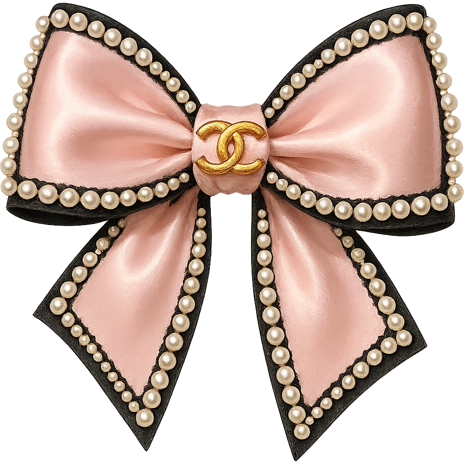heart only the elegant bow with pearls and gold Chanel logo, glossy, pastel colors, realistic style, with no background. black pink,  emoji