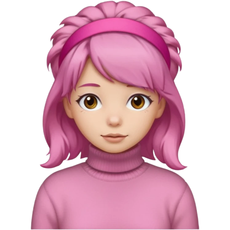 brown fluffy haired girl with pink turtleneck sweater and pink hair band emoji