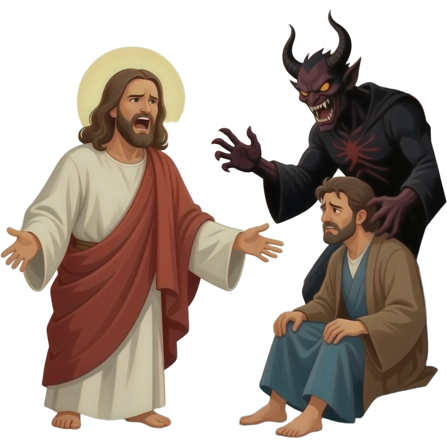 Jesus angry yelling at an intimidated demon that is oppressing a distressed man wearing biblical attire to leave him alone emoji