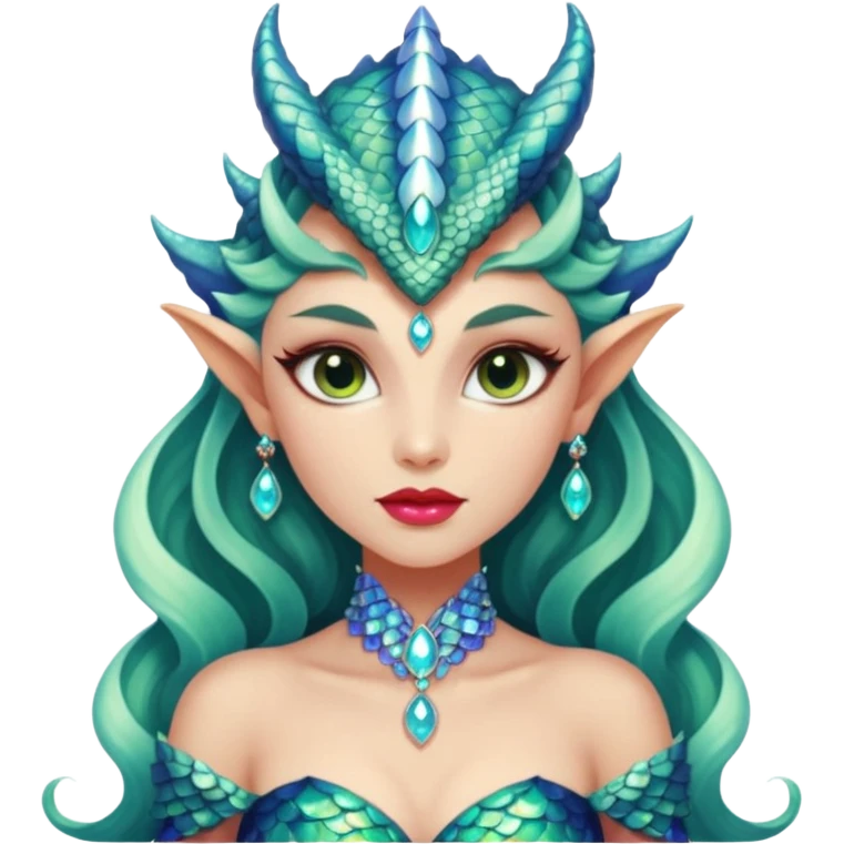 Am amazing blend of a half dragon woman with glittering jeweled scales covering her body. She has large almond shaped eyes, lush lips, and she wears a stunning luminescent gown. emoji