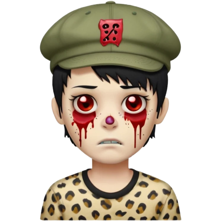 Zombie Boy with black hair and a little blood on his face and sleepy eyes and a cap that has the phrase #jimmy written on it , and a shirt with cheetah texture emoji emo emoji