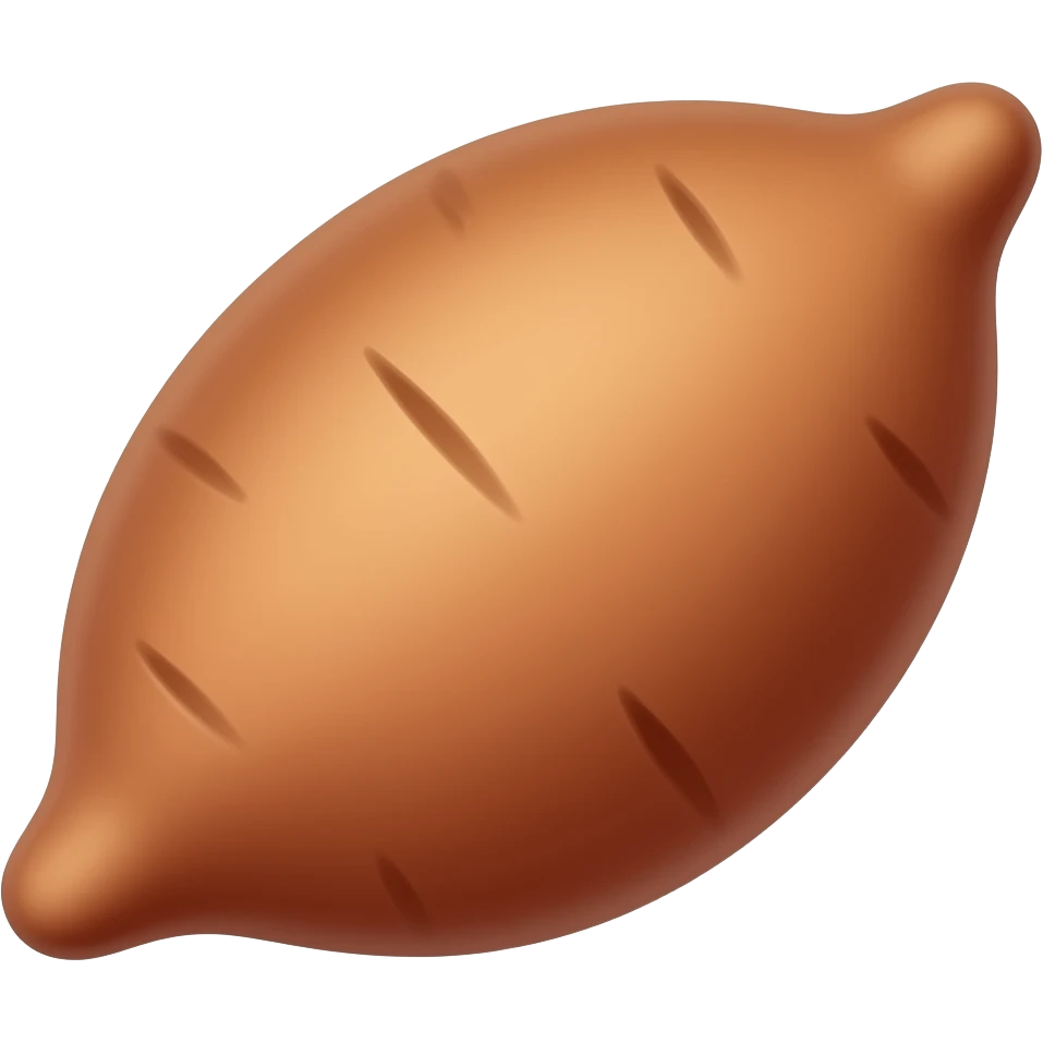 A cute realistic sweet potato emoji with a smooth rounded shape, slightly curved body, pointed ends, and orange-brown skin with gentle highlights. Styled like a modern food emoji for mobile messaging apps: emoji