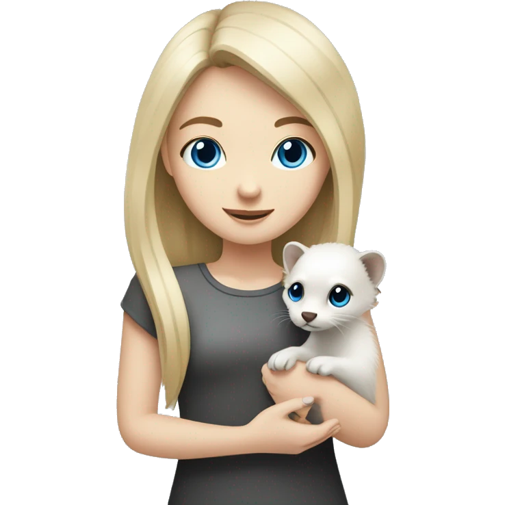 Blonde girl with blue eyes holding in hands a ferret grey and white colour with black eyes emoji