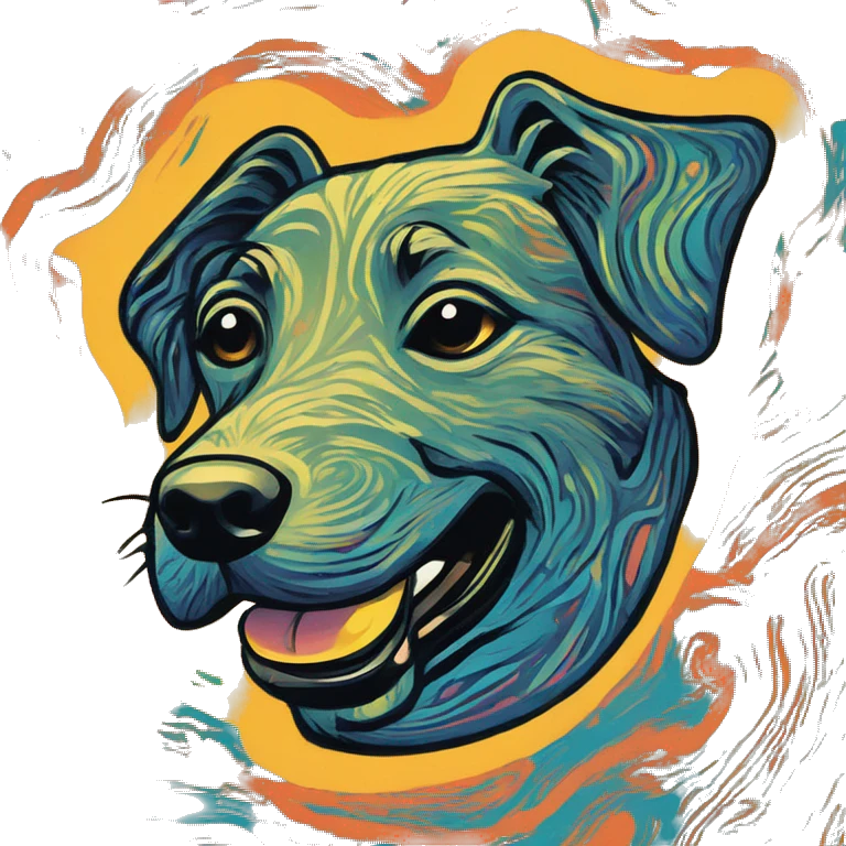 Abstract quirky funky made of different shapes dog running and squiggles linocut multicoloured illustrations  emoji