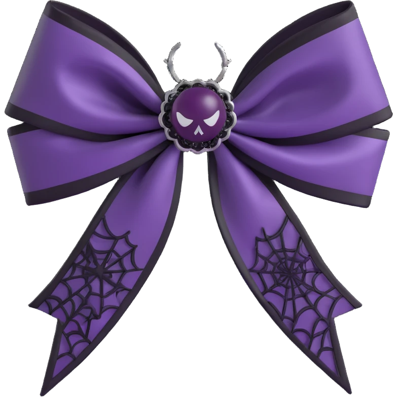 3D emoji gothic bow, dark plum satin, black lace overlay, silver spiderweb charm, moody and elegant emoji