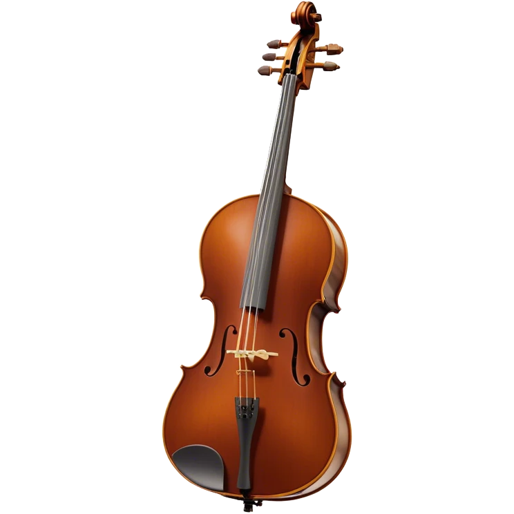 Create an elegant and refined emoji representing the Cremona cello with a Hans Klein HKCB bow. The design should feature the curved wooden body of the cello with a rich, glossy finish, capturing its classical shape and intricate details. The bow should be displayed with fine craftsmanship, highlighting the hair and the smooth, polished wooden stick. Include subtle musical notes floating around the instrument to emphasize its rich, melodic sound. Use deep wood tones like chestnut brown, gold accents for the fittings, and soft lighting effects to give the instrument a timeless, professional feel. The background should be transparent. emoji