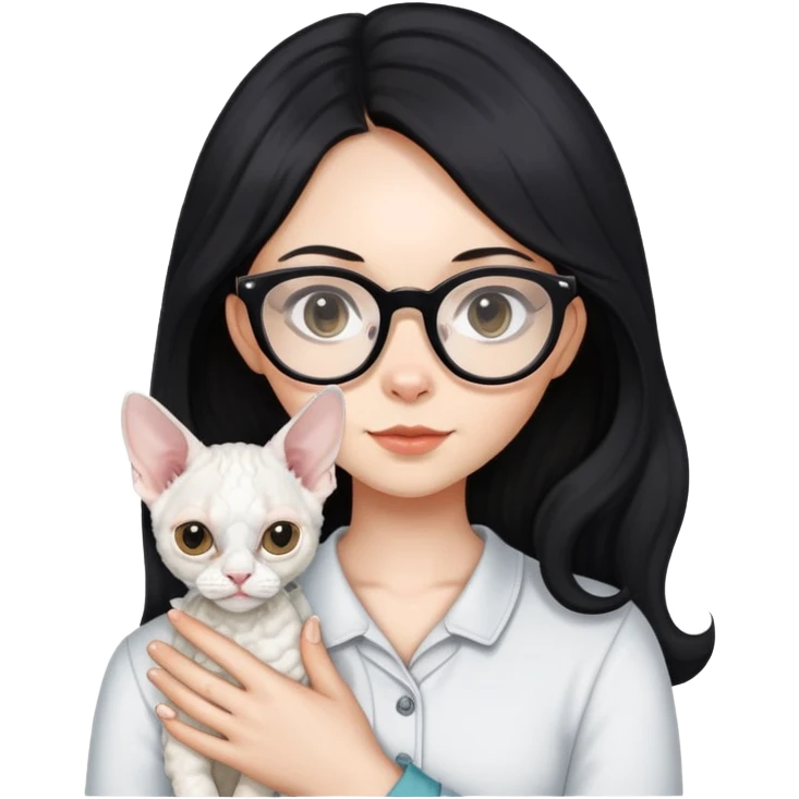 A girl with long black hair and glasses is holding a white Devon Rex emoji