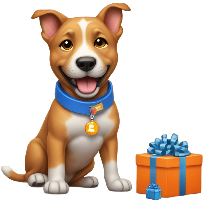 happy cute american stafford with simple blue collar with orange pendant from half side perspective with many presents and gifts around him emoji