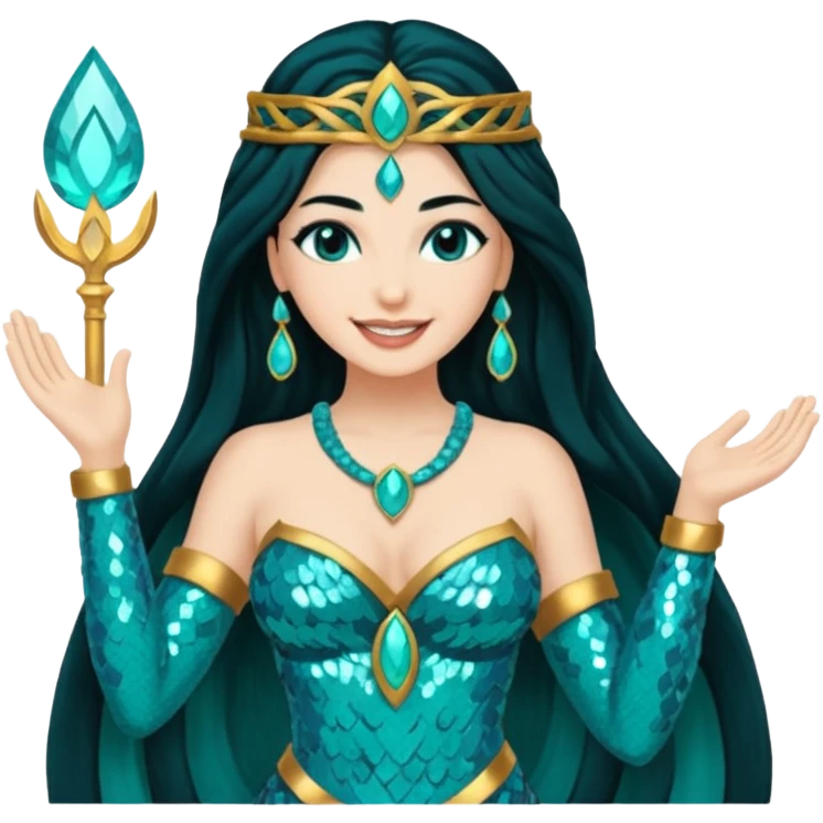 Salacia, Goddess of Hearth from Gods and Goddesses with long black hair, teal sequin outfit emoji