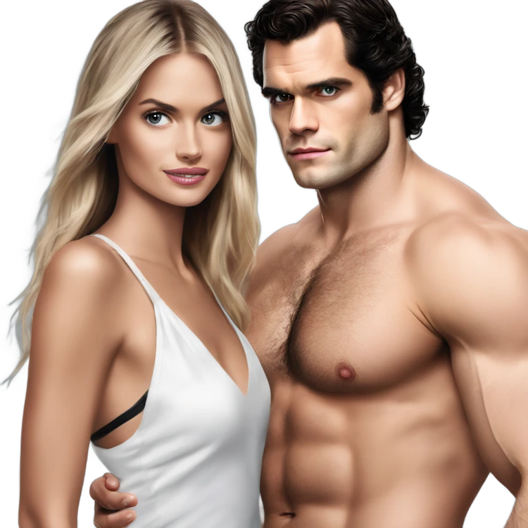realistic photo of Henry Cavill close under a beautiful  victoria secret model  emoji