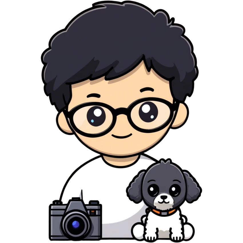 A little boy with straight black medium-length hair, white skin, and black eyes wearing black-framed glasses is taking photos on a UFO with a camera. Beside him, there is an alien and a brown round-headed teddie poodle. emoji