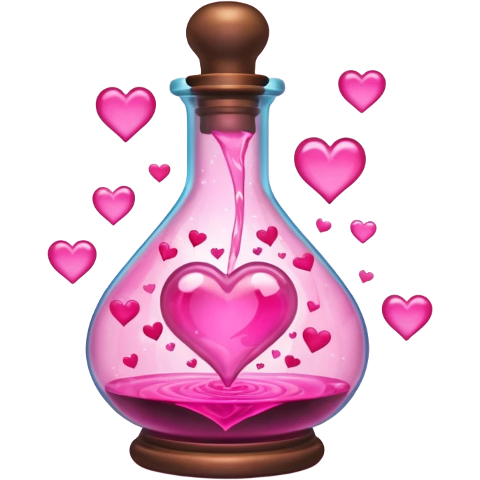 glass potion bottle filled with pink hearts, glowing liquid emoji