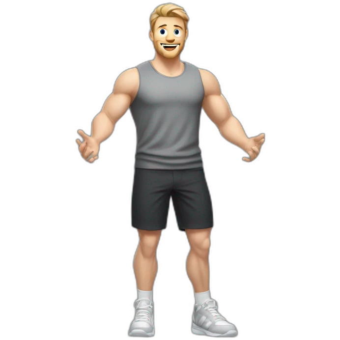 Full height Actively gesturing with hands Pale skinned Fit Man With the biceps and light brown hair with Bristle in dark gray Sleeveless Mike, black oversize sports shorts and white Sneakers emoji