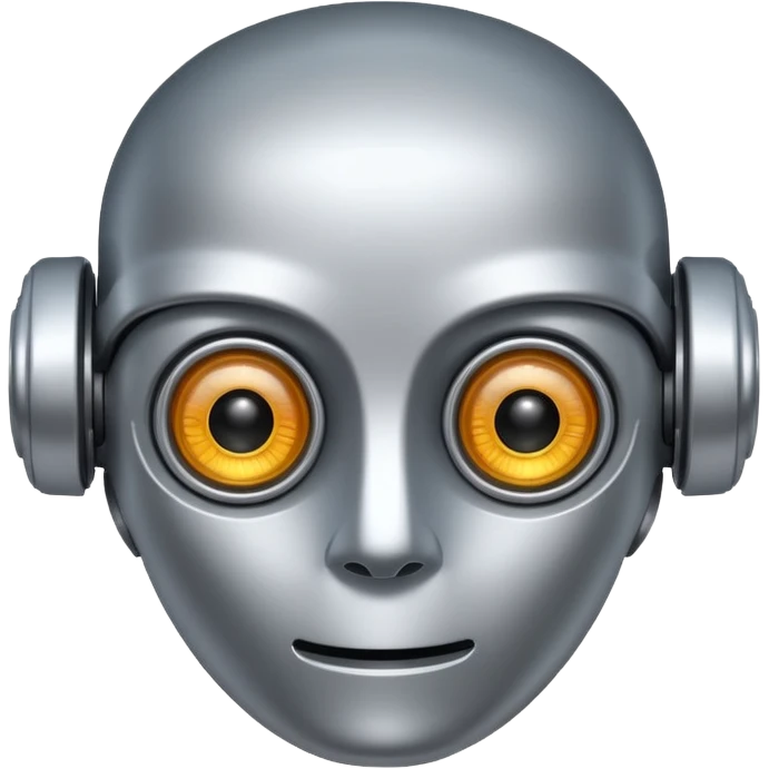 A friendly robot face with innocent eyes and an uncovered brain emoji