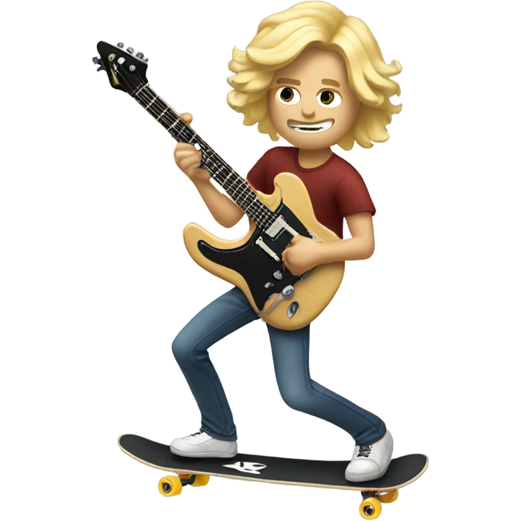 Man with shoulder length blonde hair riding skateboard whilst playing guitar emoji