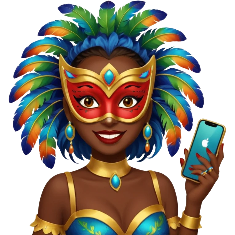 i need the same girl in "dark skin girl, dark red lipstick, nails very beautiful" to be smiling in "carnival mas costume, blue, green and orange preferably, full costume feathers at the back" she is to be smiling and happy with a phone in her hand taking a pico  emoji