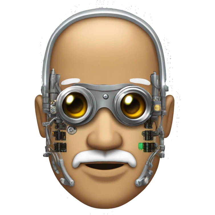 Tan bald male Latino cyborg head with grey beard, silver steampunk monocle goggles and circuits emoji