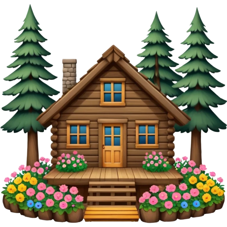 cabin in the woods, surrounded by pines, with flowers around emoji