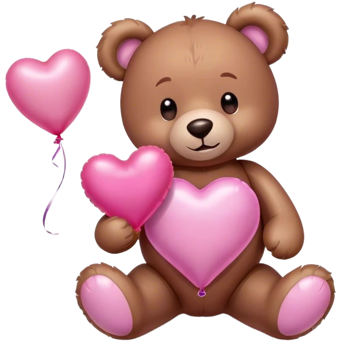 Adorable Plush brown teddy bear holding an inflatable metallic pink heart-shaped balloon in his paw and love letter of the color pink emoji