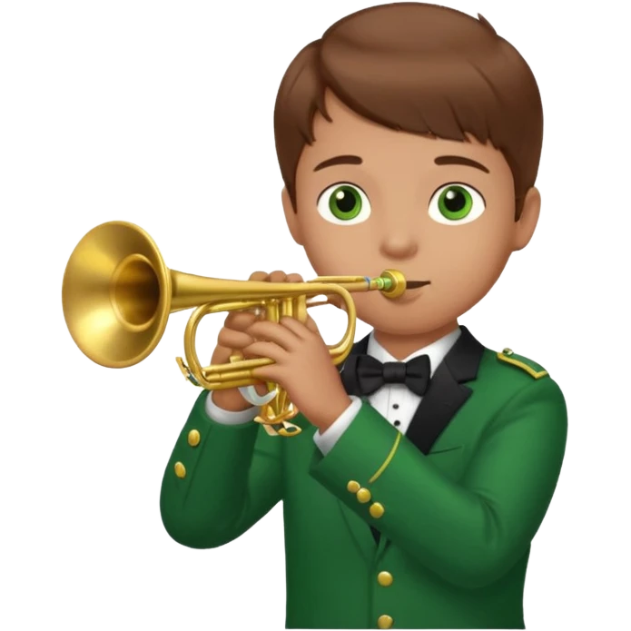 young boy with brown hair, green eyes who plays a trumpet emoji