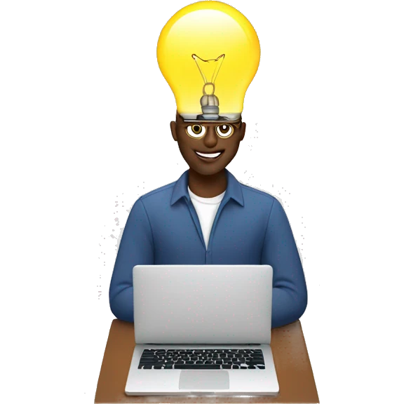 man with laptop and light bulb above head emoji