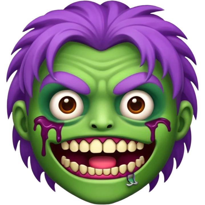 Zumbi verde com dentes prata e cabelo roxo emoji