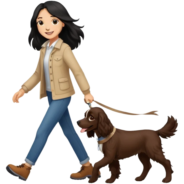A girl with long black hair walks a brown springer spaniel emoji