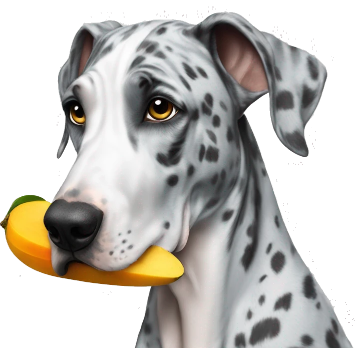Blue Merle Great Dane eating mango emoji