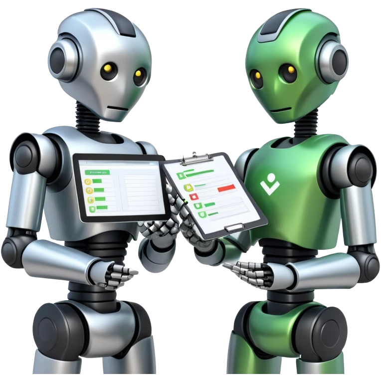two robot upper bodies, one is checking another robot's work with a checklist and a green checkbox emoji