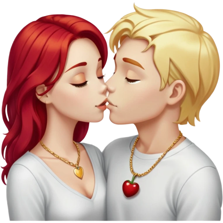 couple kissing, girl with long cherry red hair and blonde eyebrows, gold A necklace, light clothes, and boy with PURE WHITE SHORT HAIR (completely white like paper, not blonde, not gray) emoji
