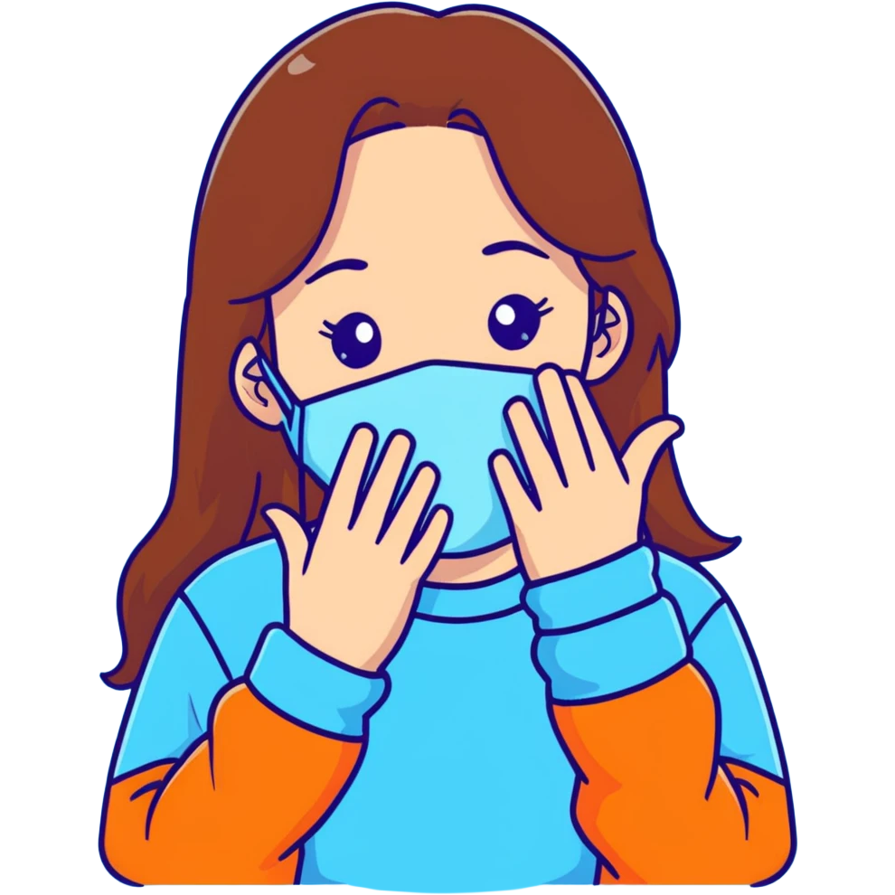 brunette girl with brown hair wearing pastel blue clothes covering her face with her hand emoji