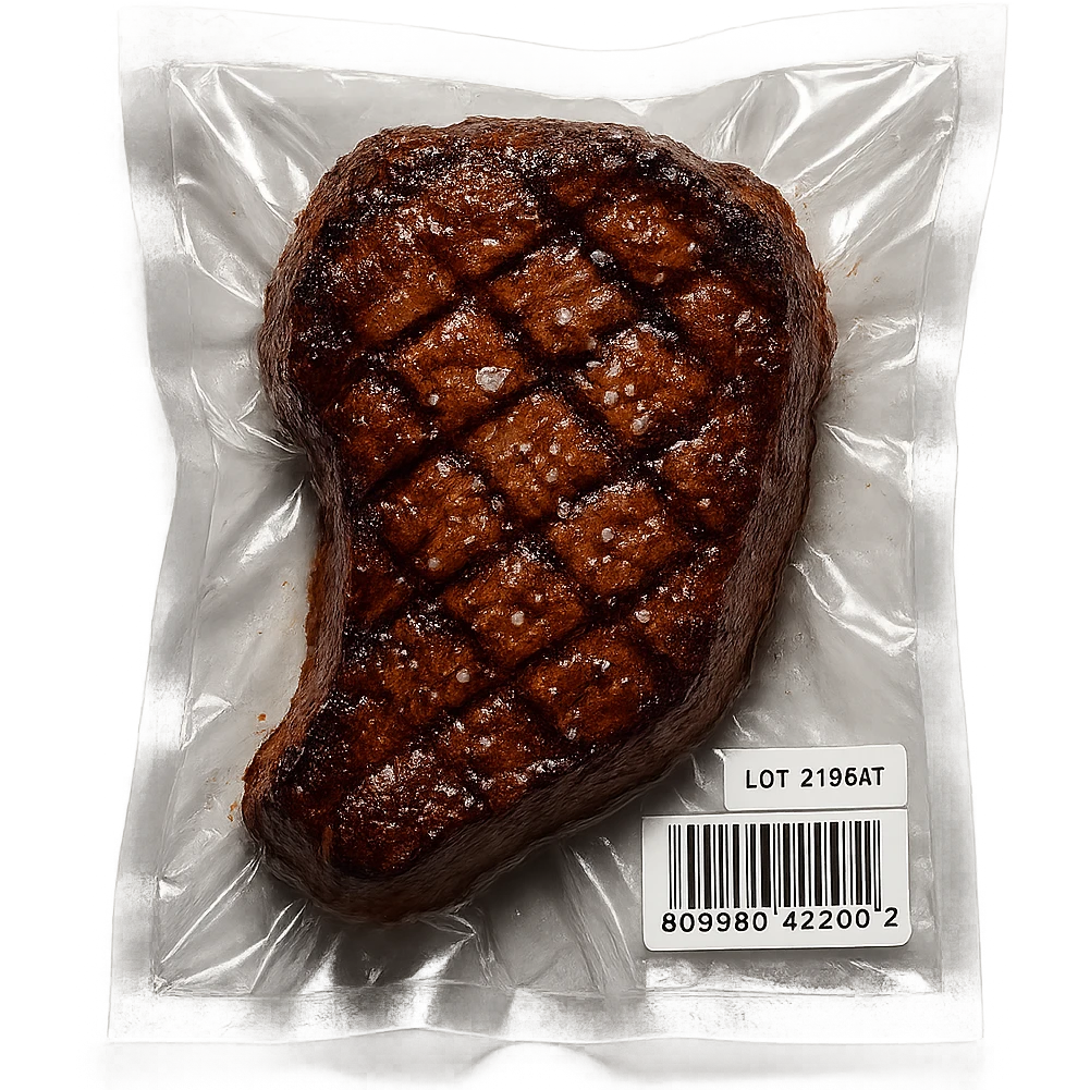 grilled steak with scattered small sparkling crystals, glossy, vacuum-sealed style emoji