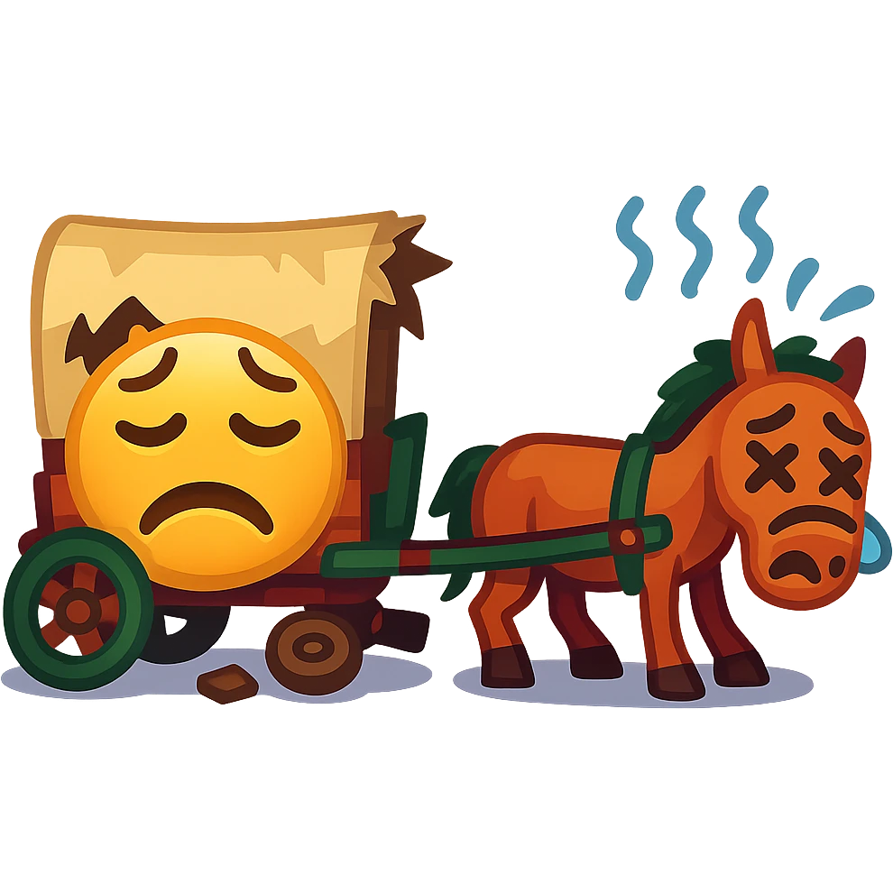 Make the horse cart look broken and add funny, exaggerated emoji expressions to the horse and cart. Keep the style consistent. The style is emoji style. Keep the background transparent. emoji
