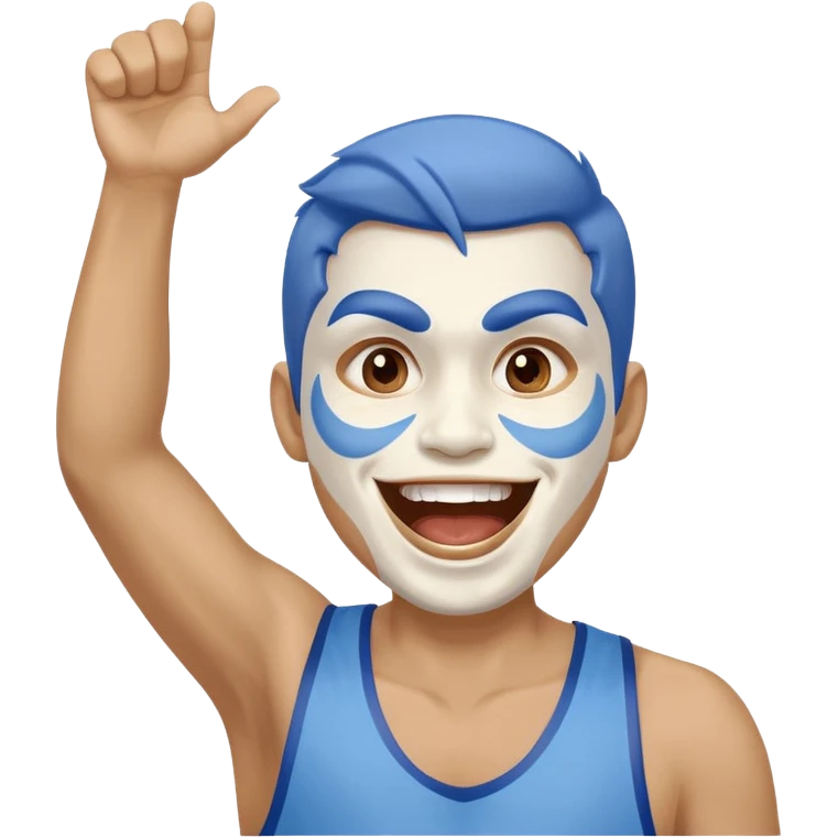 A man with half-blue, half-white face paint, shouting proudly while cheering emoji