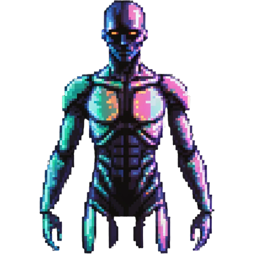 Pixelated future human with neon highlights, tech-enhanced body, and holographic elements emoji