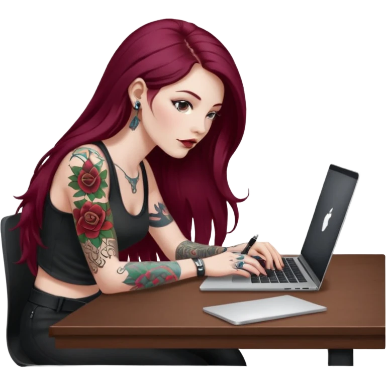 Realistic Macbook pro, side view of female, long burgundy hair, pale skin, with tattoos, graphic designer, sitting at work desk with MacBook open, still view, emoji