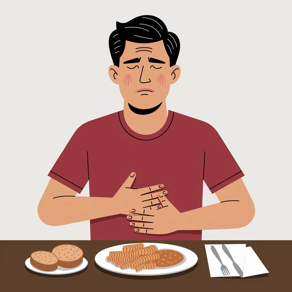 A man in his mid-30s sitting at a kitchen table with a plate of pasta and bread in front of him, looking uncomfortable and conflicted. His facial expression shows bloating, fatigue, and mild abdominal pain. One hand is on his stomach, the other hesitating to eat. emoji
