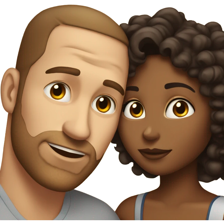 Tanned complexion woman with curly hair and white man with  straight dark brown hair kissing  emoji