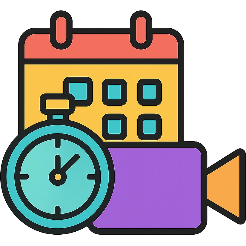 A colorful icon showing calendar, timer, and video camera overlay in a minimalist style emoji