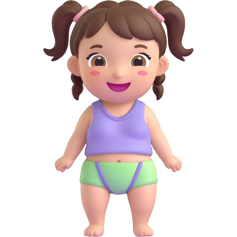 smiling girl with pigtails in a pastel diaper, gentle 3D emoji style, no text emoji